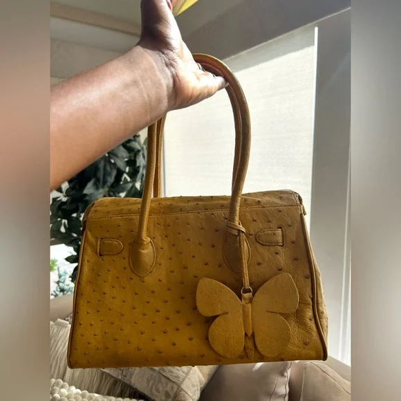 Butterfly Beverly Hills Elegant Mustard Yellow Ostrich Handbag - Picture 2 of 8